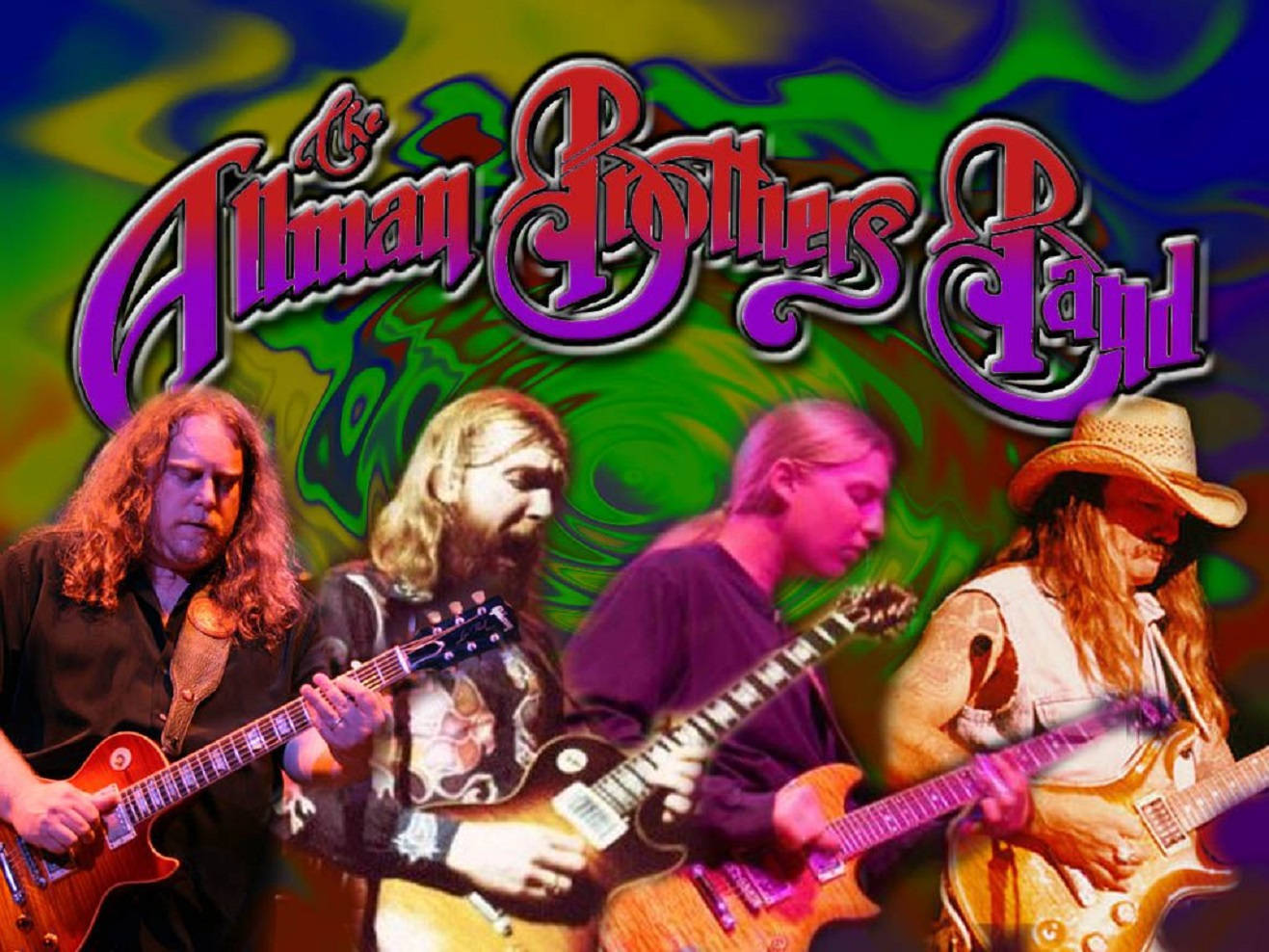 Allman Brothers Band 粉絲創作 壁紙 — 四位長髮音樂家在迷幻旋轉背景上彈奏電結他，樂隊名稱以風格化的紫色字體呈現。