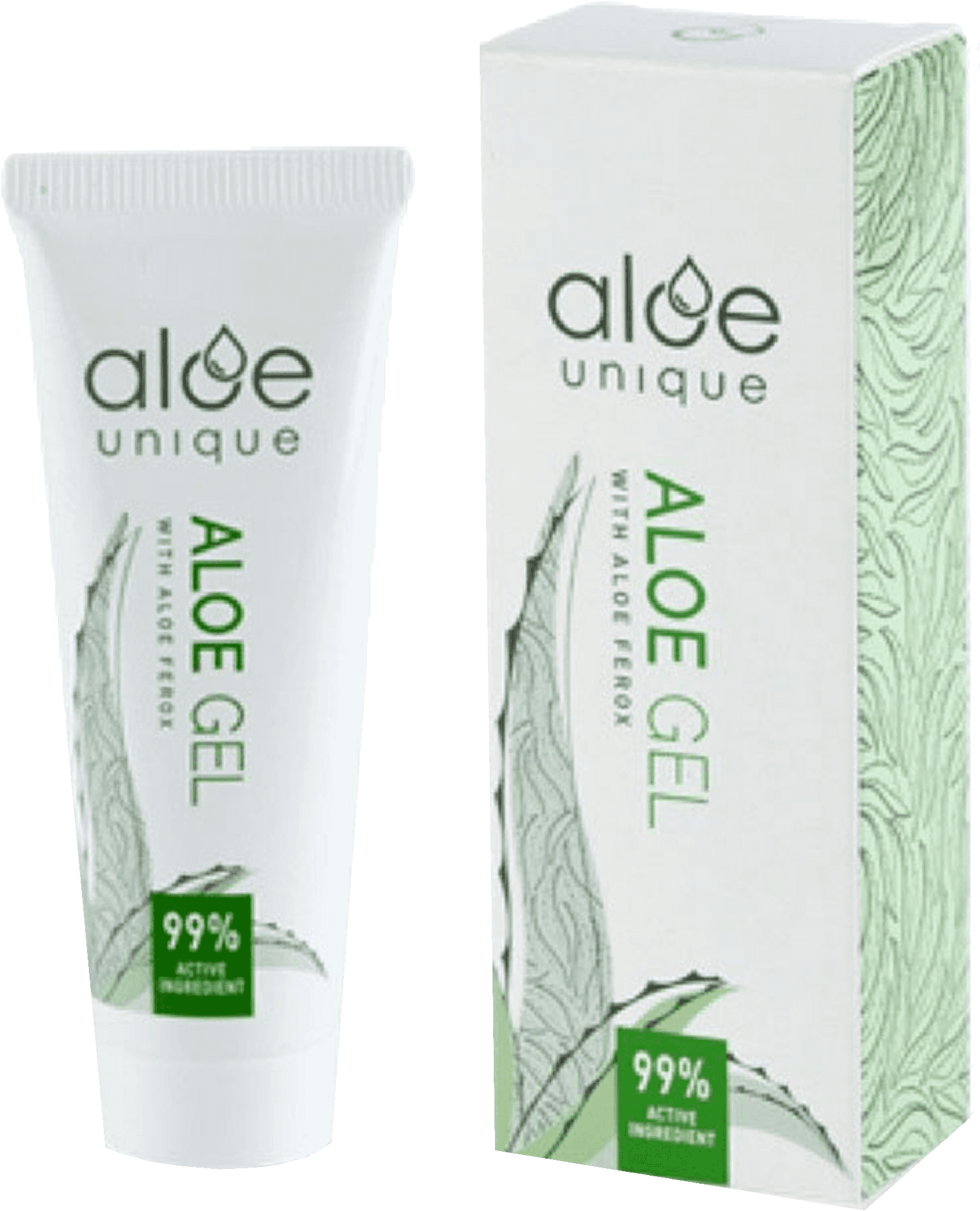 Aloe Unique 芦薈凝膠管與盒 壁紙 — 一個白色管和盒子，裝有99%活性成分的蘆薈獨特蘆薈凝膠，背景為黑色。