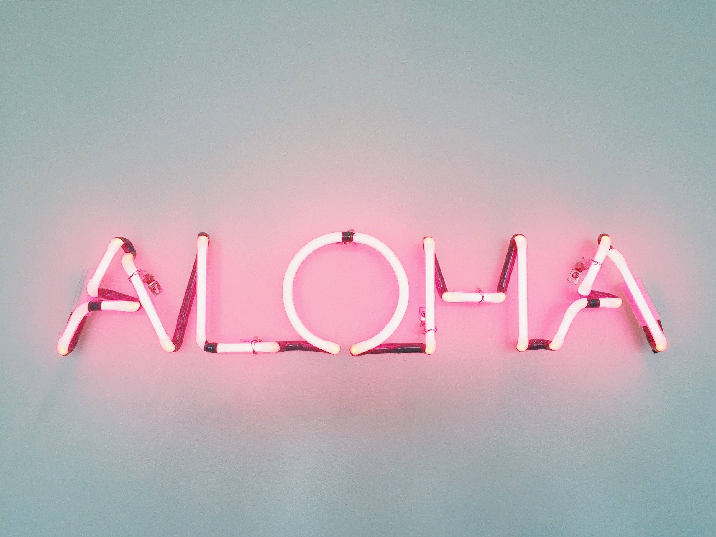 粉紅霓虹 Aloha 電腦壁紙 壁紙 — 一個發光的粉紅色霓虹燈牌，拼寫著「ALOHA」，在柔和的青綠色牆壁上投射出柔和溫暖的光芒。