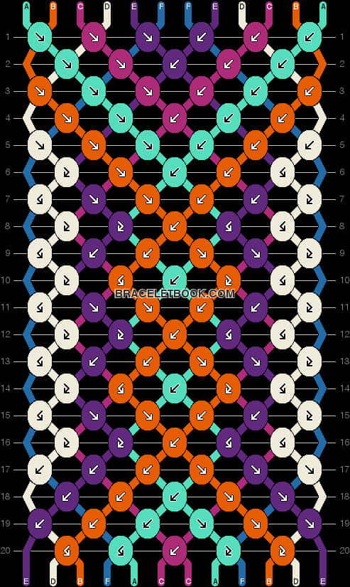 彩色Alpha手繩圖案指南 壁紙 — 一個色彩繽紛的串珠手鐲圖案圖表，帶有編號的行和帶字母的列，背景為黑色。