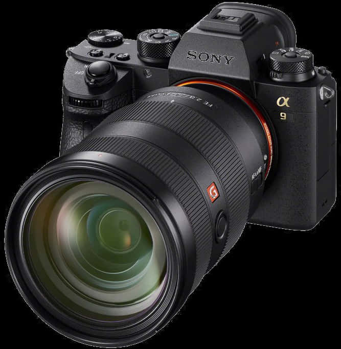 索尼 Alpha A9 無反相機 壁紙 — 一部時尚的黑色Sony Alpha 9無反相機，配備大型鏡頭，以純白色背景為襯托。