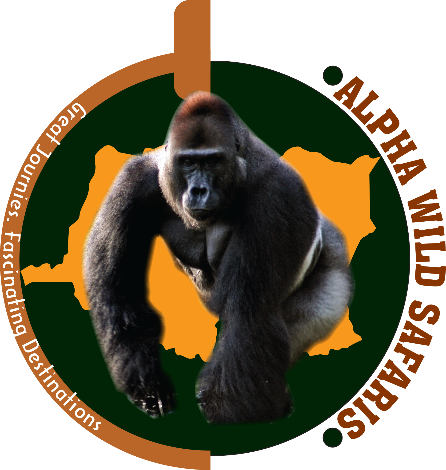 Alpha Gorilla 非洲叢林風景圖 壁紙 — 一隻威風凜凜的銀背大猩猩在圓形野生動物園標誌內，以風格化的非洲地圖為背景，強而有力地站立著。