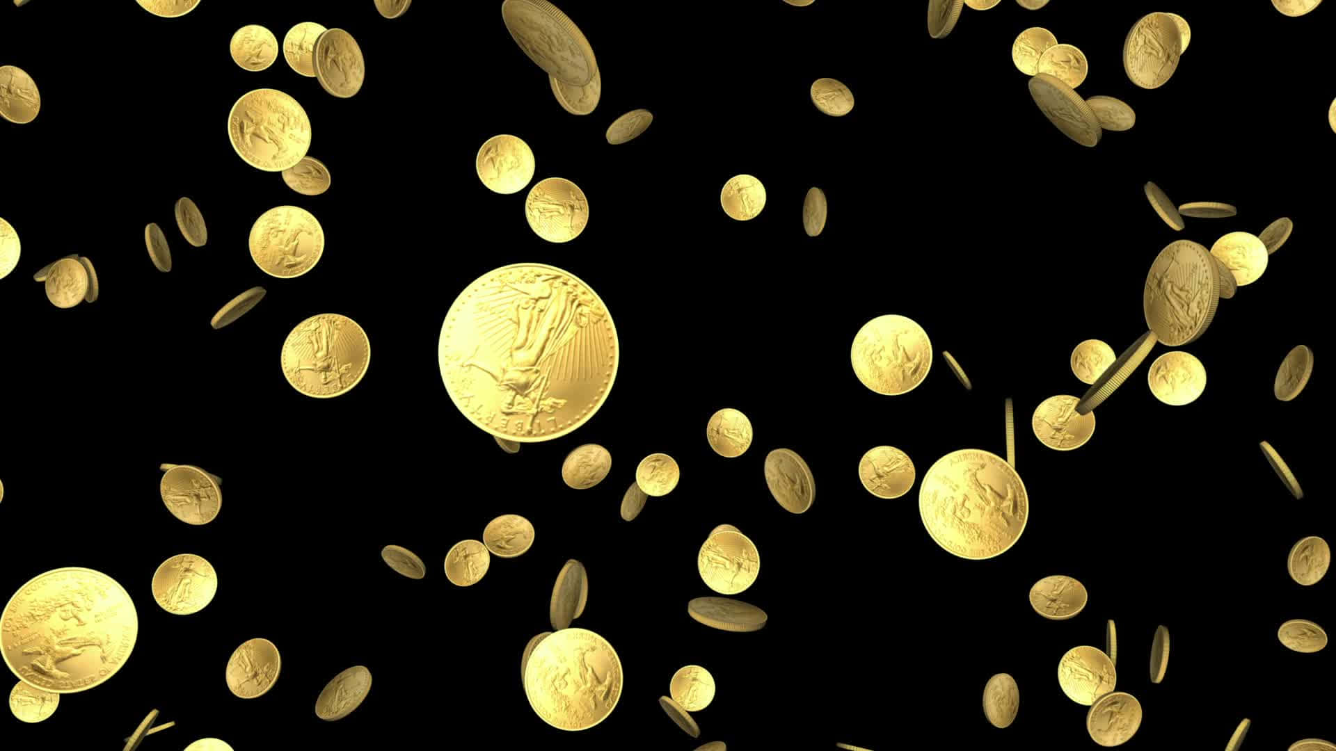 Alpha 黃金幣 壁紙 — 帶有精細雕刻的金幣在純黑背景上動態漂浮和旋轉。