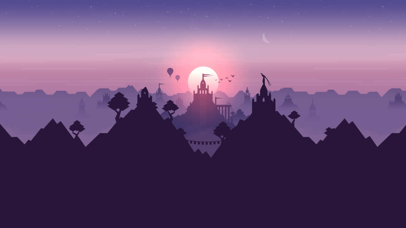 Alto's Odyssey 1366x768 极简風 壁紙 — 城堡和樹木的剪影，映襯著發光的粉紅色和紫色日落天空，還有熱氣球和一彎新月。