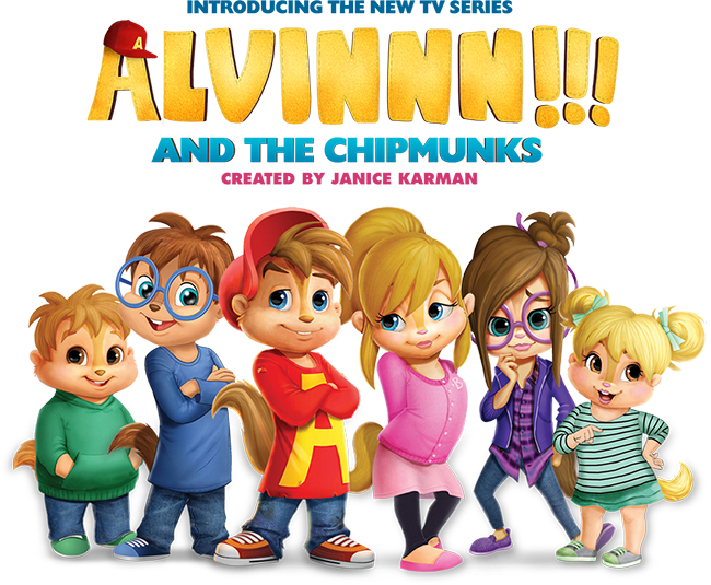 《ALVINNN!!! 和小花栗鼠》新系列宣傳圖 壁紙 — 阿爾文與花栗鼠的卡通角色在他們色彩繽紛的標誌下站在一起，表情明亮。