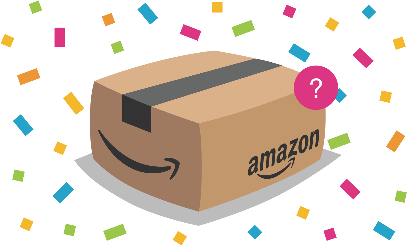 Amazon贈品神秘禮盒 壁紙 — 一個卡通風格的亞馬遜紙箱，帶有問號圖標，周圍環繞著彩色五彩紙屑，背景為黑色。