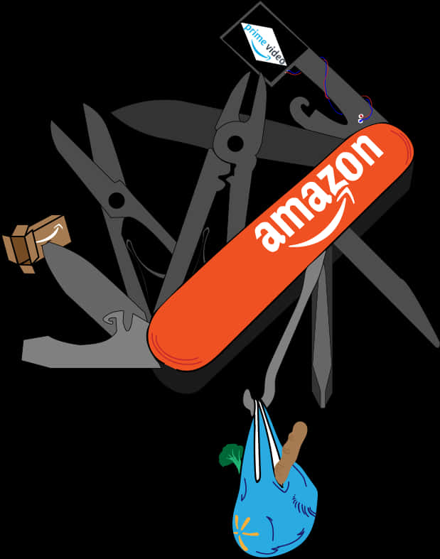 Amazon 服務瑞士軍刀插圖 壁紙 — 一把風格化的瑞士軍刀，帶有亞馬遜品牌工具和一張Prime Video卡，背景為黑色。