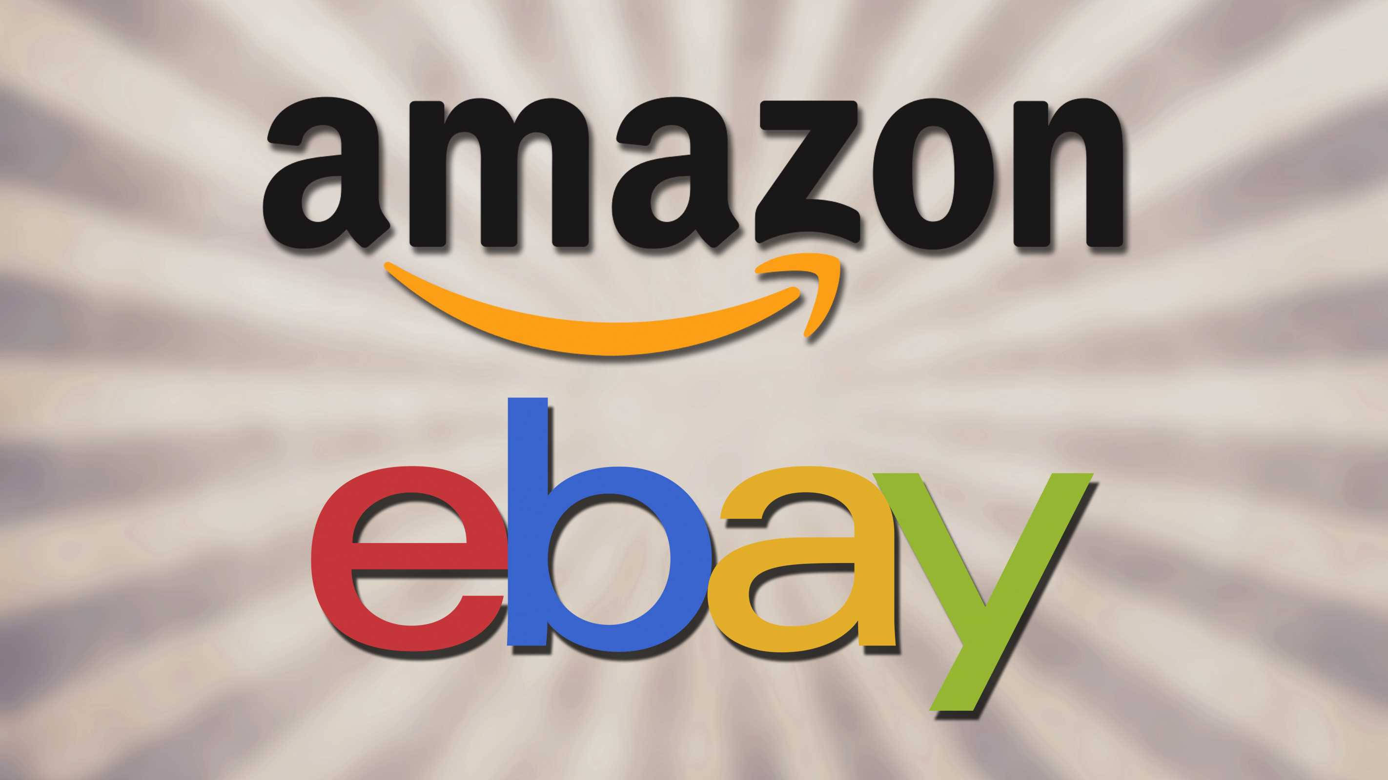 Amazon 與 eBay 標誌 壁紙 — Amazon 和 eBay 標誌突出顯示在燦爛的太陽光線背景上。