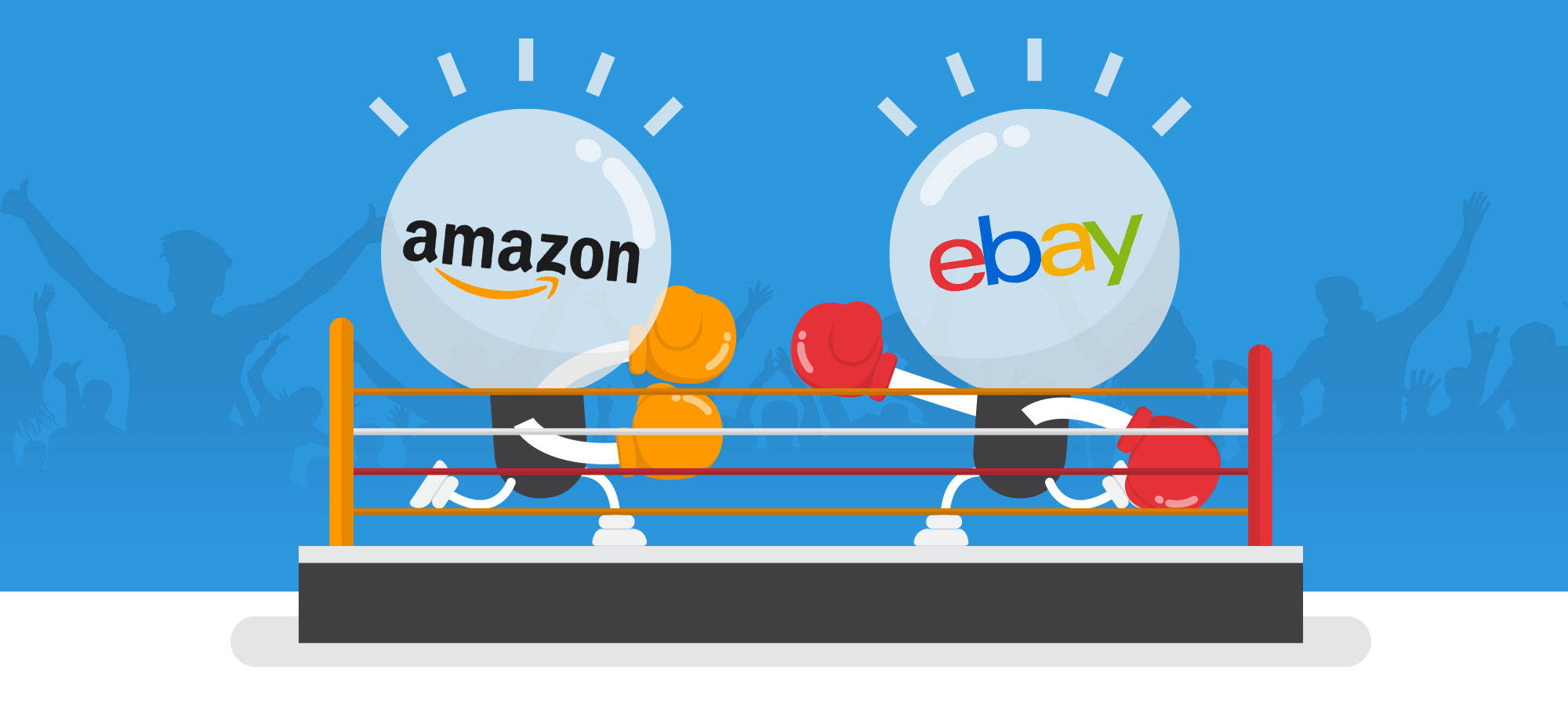 Amazon 對決 eBay 壁紙 — 兩個卡通拳擊手套在擂台上碰撞，亞馬遜和eBay標誌在背後歡呼的剪影中戰鬥。
