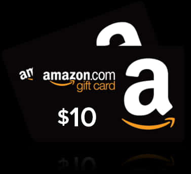 Amazon十美元禮品卡圖像 壁紙 — 兩張黑色Amazon禮品卡，帶有白色和橙色標誌，價值10美元，顯示在深色背景上。