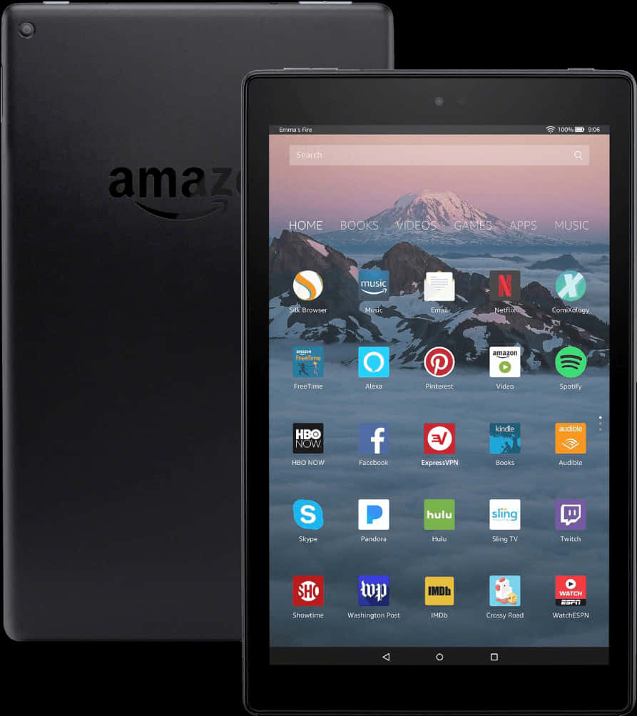 Amazon Fire 平板顯示應用程式 壁紙 — 黑色Amazon Fire平板電腦正面和背面顯示雪山壁紙和應用程式圖標。