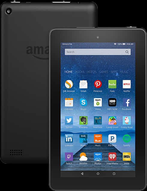 Amazon Fire 平板正面與背面視圖 壁紙 — 黑色Amazon Fire平板電腦正面和背面展示，主屏幕在星空夜牆紙上顯示應用程式圖標。
