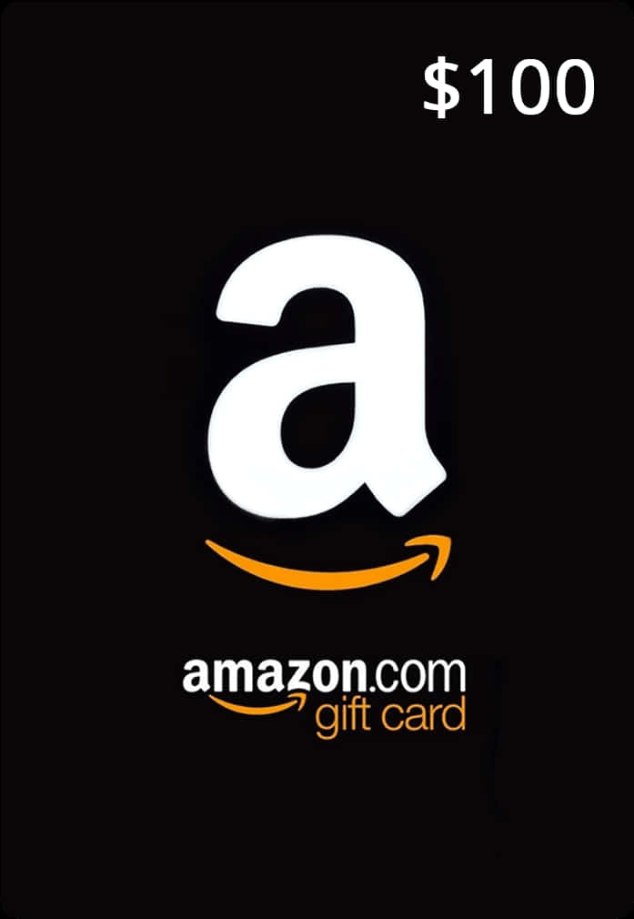 一百美元Amazon禮品卡黑色背景 壁紙 — 一張黑色亞馬遜禮品卡，帶有白色「a」標誌和在其下方微笑的橙色箭頭，顯示價值 100 美元。
