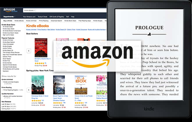 Amazon Kindle 體驗 壁紙 — Amazon Kindle 電子書閱讀器在顯示Kindle電子書銷售的Amazon網站旁展示書籍序言。