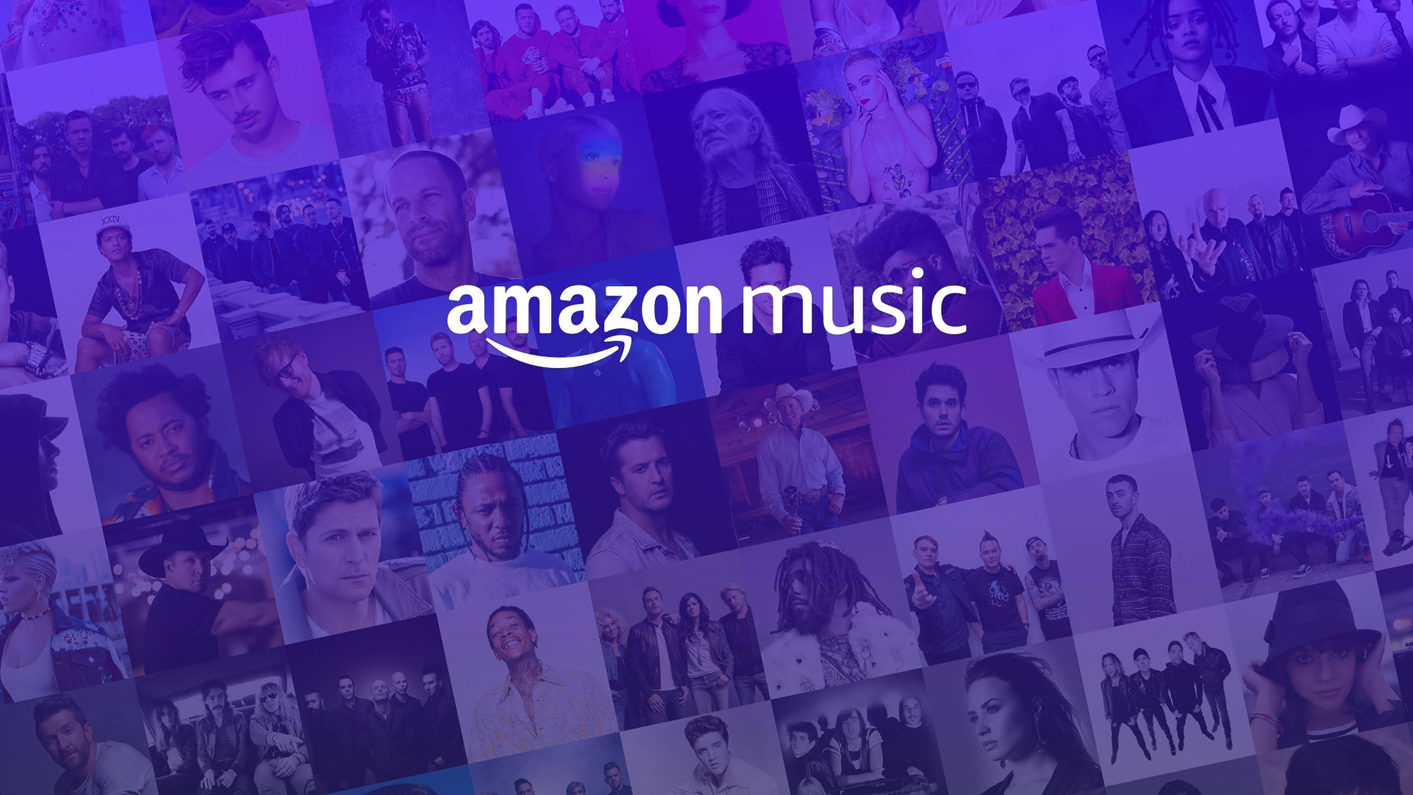 Amazon Music串流平台 壁紙 — 一幅充滿活力的紫色調拼貼畫，展示圍繞Amazon Music標誌的多樣化音樂家和藝術家。