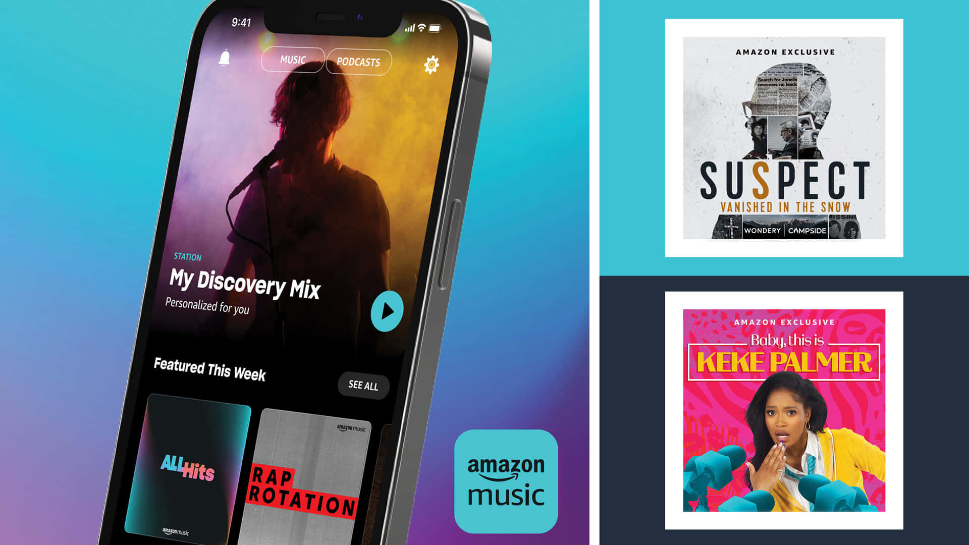 Amazon Music推薦頁面 壁紙 — 智能手機顯示 Amazon Music 的個人化發現混音，專輯封面包括 'Suspect' 和 Keke Palmer，背景為漸變藍色。