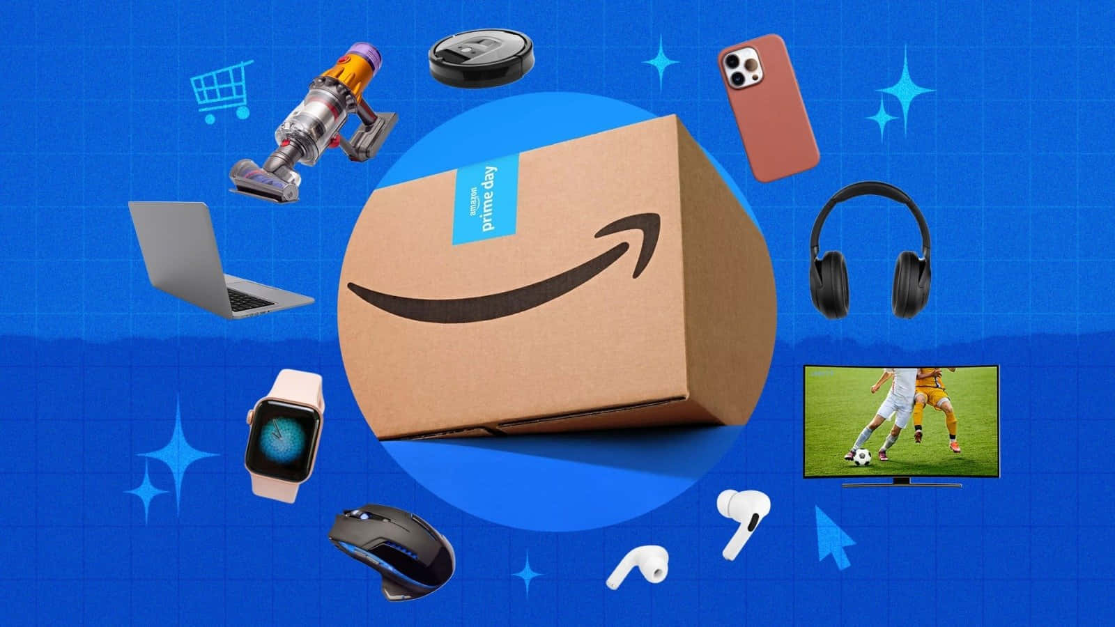  壁紙 — 一個大型Amazon Prime Day盒子，周圍環繞著漂浮的科技小工具和電子產品，背景是充滿活力的藍色網格。