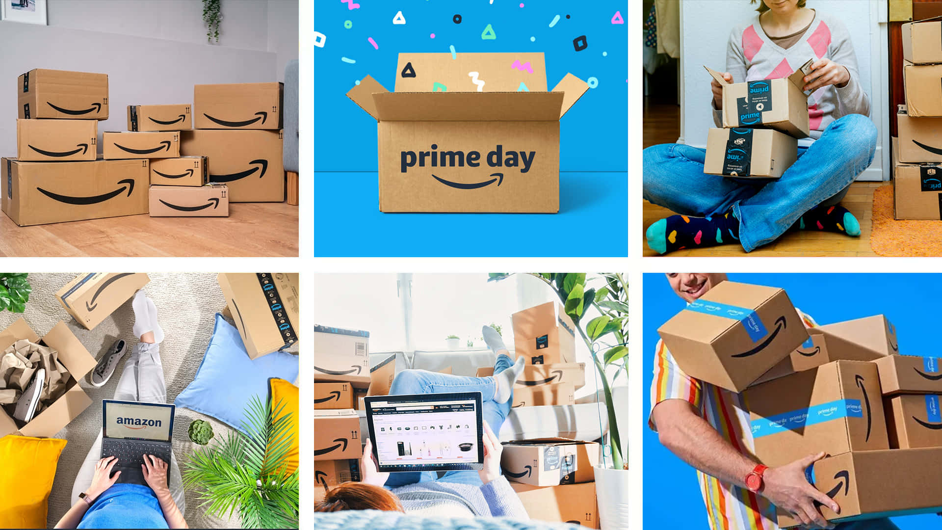  壁紙 — 亞馬遜Prime Day場景的拼貼畫，展示人們在充滿活力的室內環境中拆開包裹、用筆記本電腦放鬆和搬運箱子。
