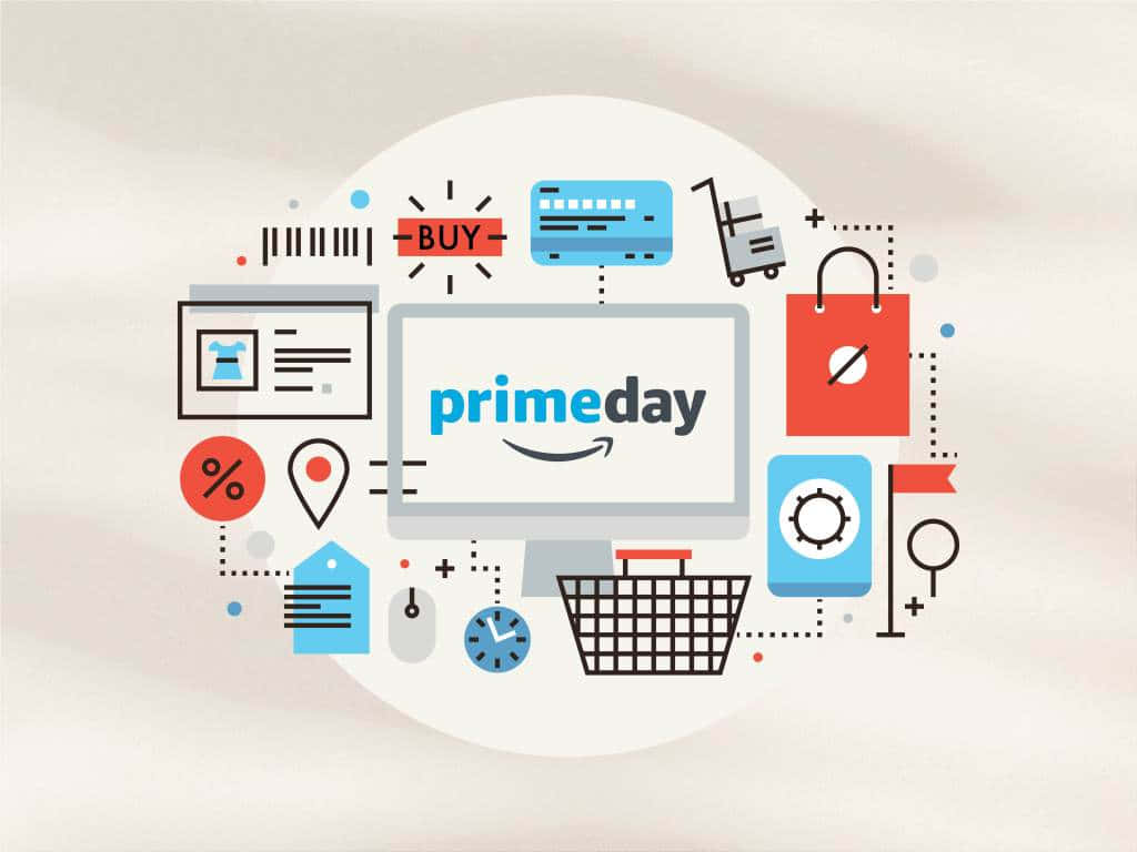  壁紙 — 一幅Amazon Prime Day的平面向量插圖，中央顯示器周圍有購物車、價格標籤和信用卡等圖標。