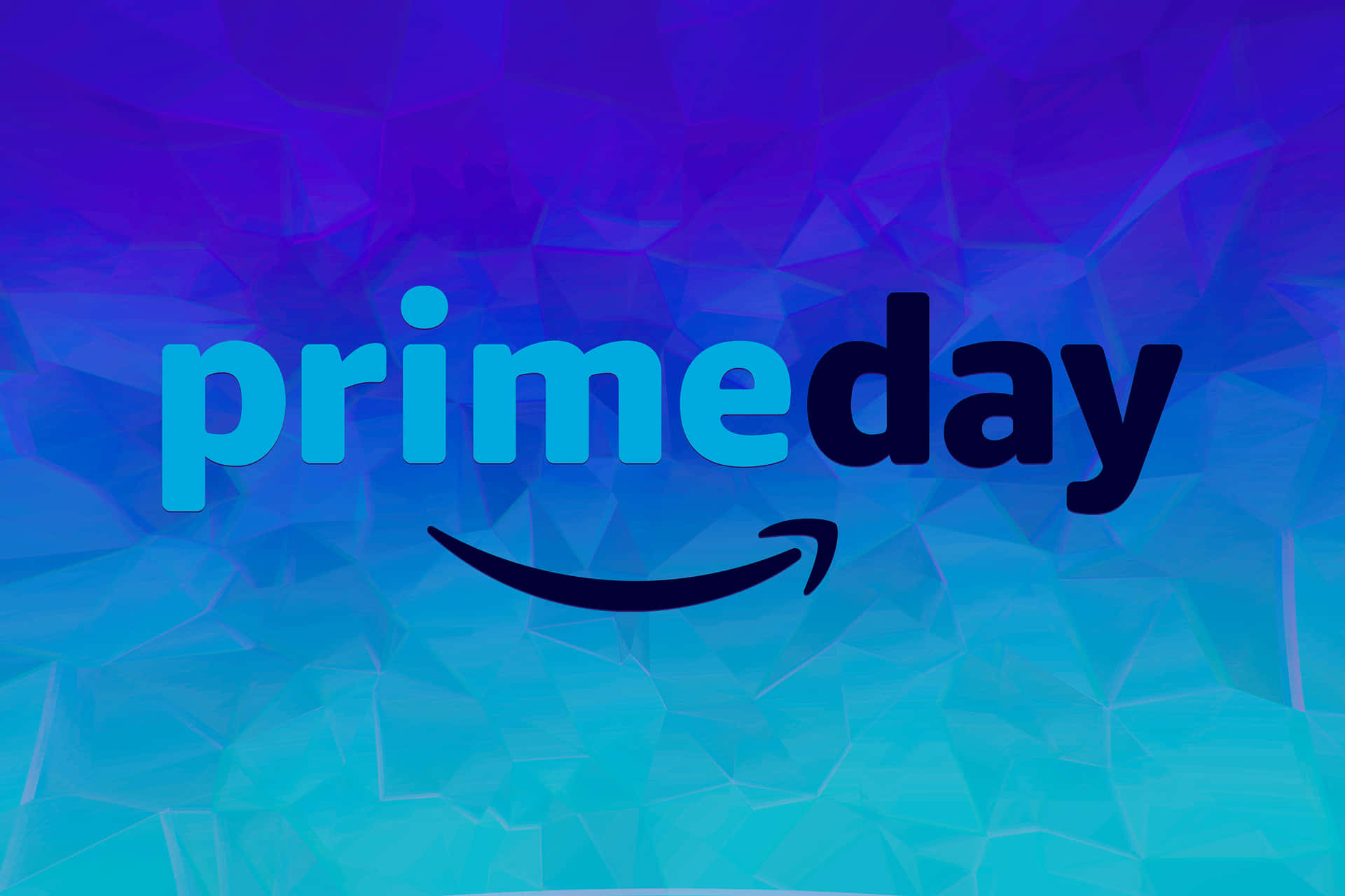  壁紙 — Amazon Prime Day 標誌以粗體藍色和黑色文字呈現，背景為充滿活力的幾何藍紫漸變色。