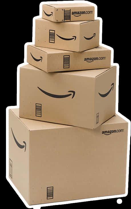 堆疊的 Amazon 包裹盒 壁紙 — 亞馬遜運送紙箱堆疊成金字塔形狀，帶有微笑標誌，背景為白色。