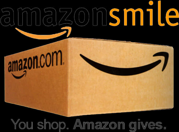 Amazon Smile 慈善計劃 壁紙 — 一個棕色亞馬遜紙箱，帶有微笑標誌，黑色背景上寫有「amazon smile」文字。