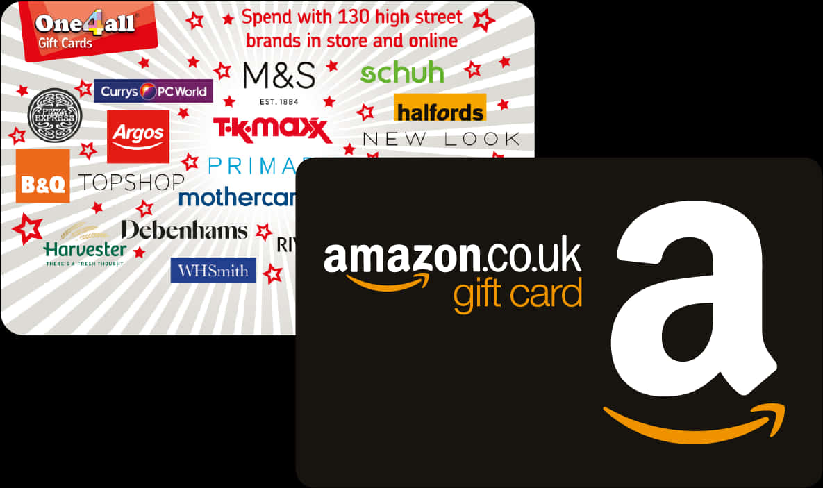 Amazon UK 贈品卡與 One4all 贈品卡 壁紙 — 兩張禮品卡，一張白色帶有紅色星星和品牌標誌，另一張黑色帶有亞馬遜標誌，背景深色。