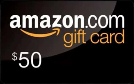 Amazon五十美元禮品卡 壁紙 — 一張時尚的黑色亞馬遜禮品卡，以白色和橙色文字顯示$50，並帶有標誌性的微笑標誌。
