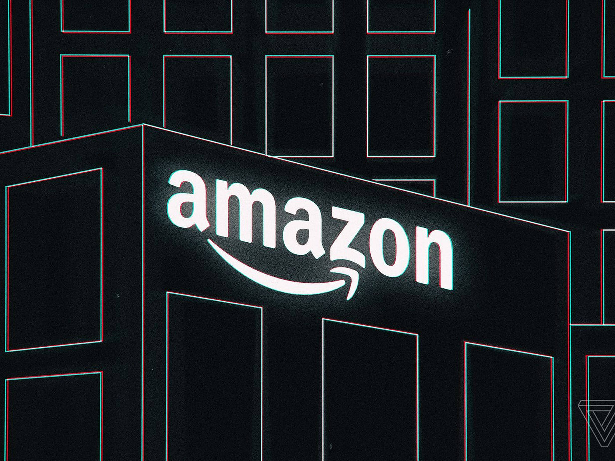 Amazon 建築輪廓藝術 壁紙 — 在深色幾何建築外牆上發光的Amazon標誌，帶有紅色和青色的立體3D效果。
