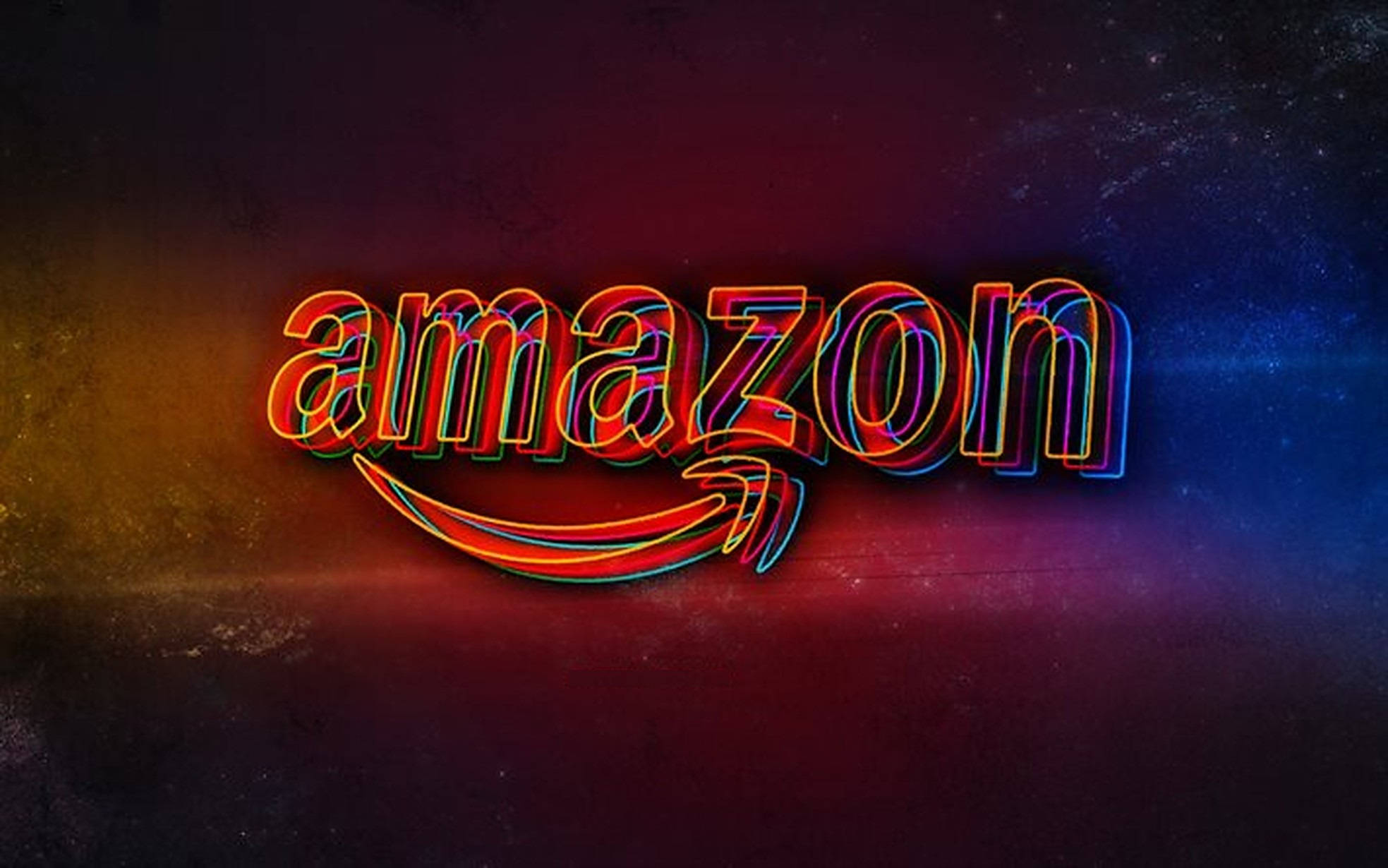 Amazon 故障藝術標誌 壁紙 — 亞馬遜標誌在宇宙漸變背景上散發著鮮豔的霓虹色彩。