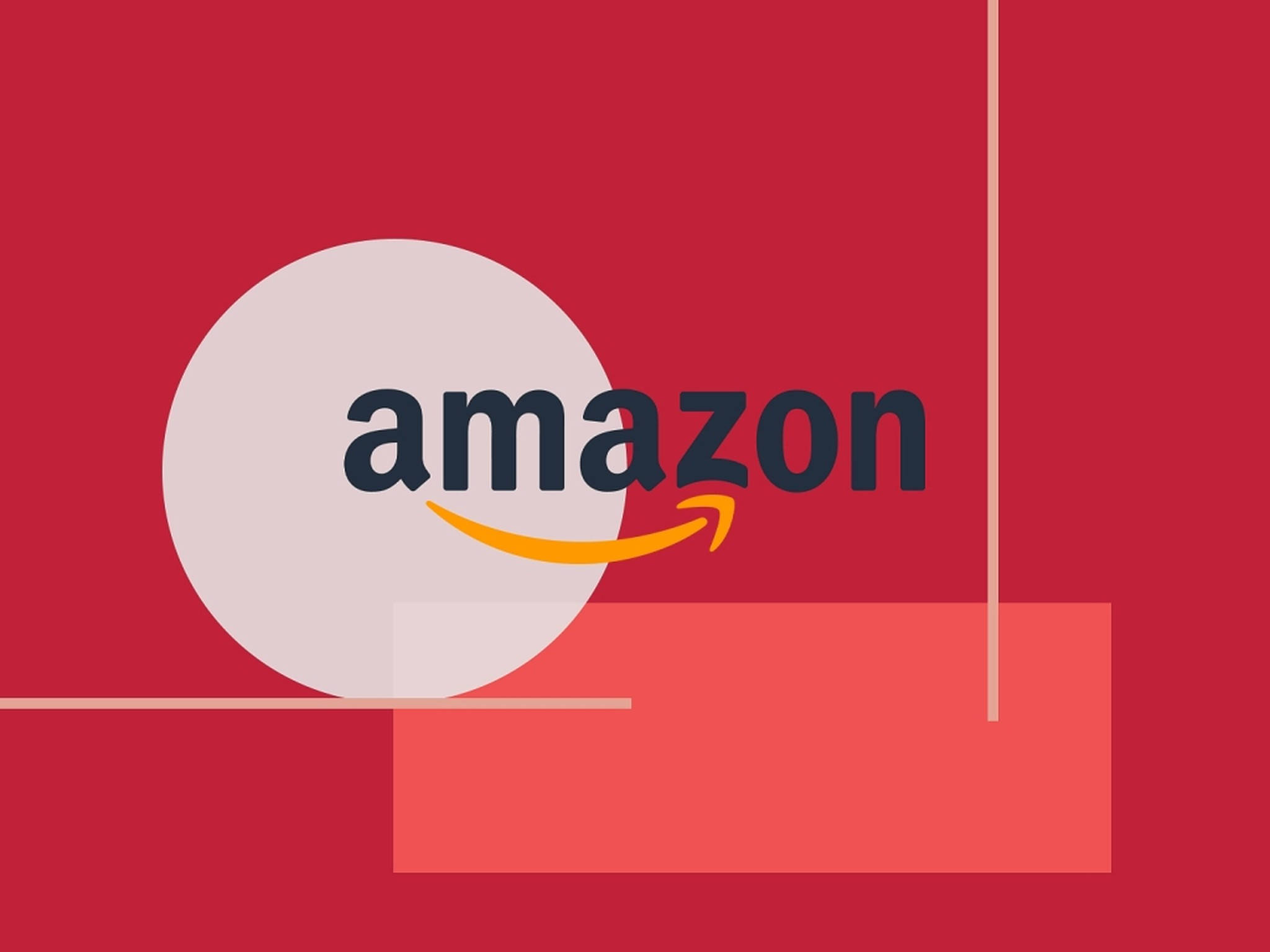 Amazon 紅色幾何藝術 壁紙 — Amazon 標誌居中放在大膽的紅色背景上，搭配幾何形狀和極簡設計。