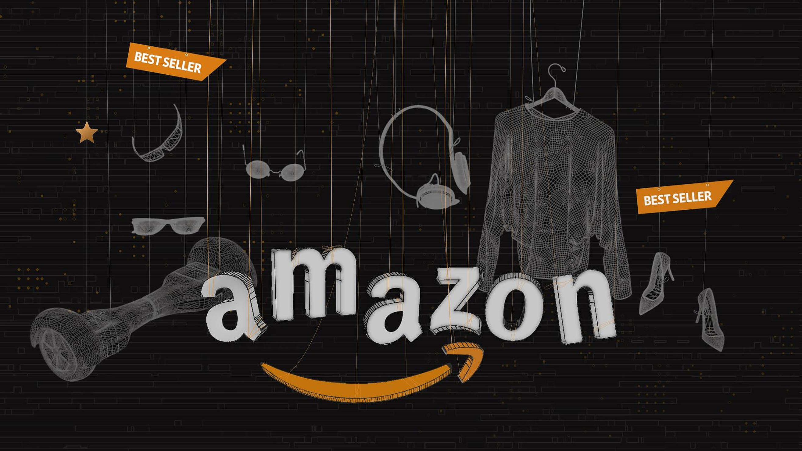 Amazon 電商公司 壁紙 — 白色亞馬遜標誌，帶橙色箭頭，周圍是懸掛在繩子上的線框產品，背景為深色網格。