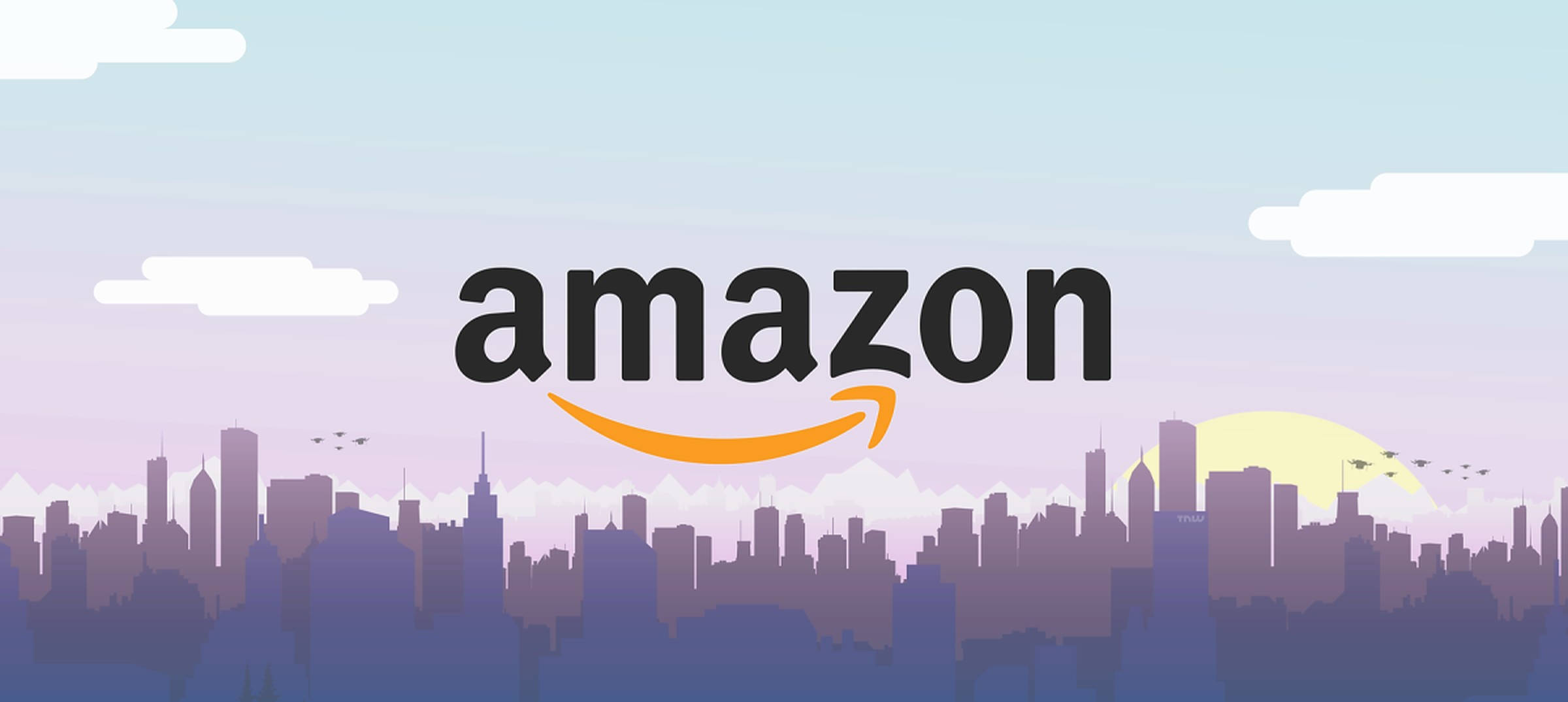 Amazon數位城市藝術 壁紙 — 亞馬遜標誌居中於風格化的紫色城市天際線，夕陽下有鳥兒飛翔。