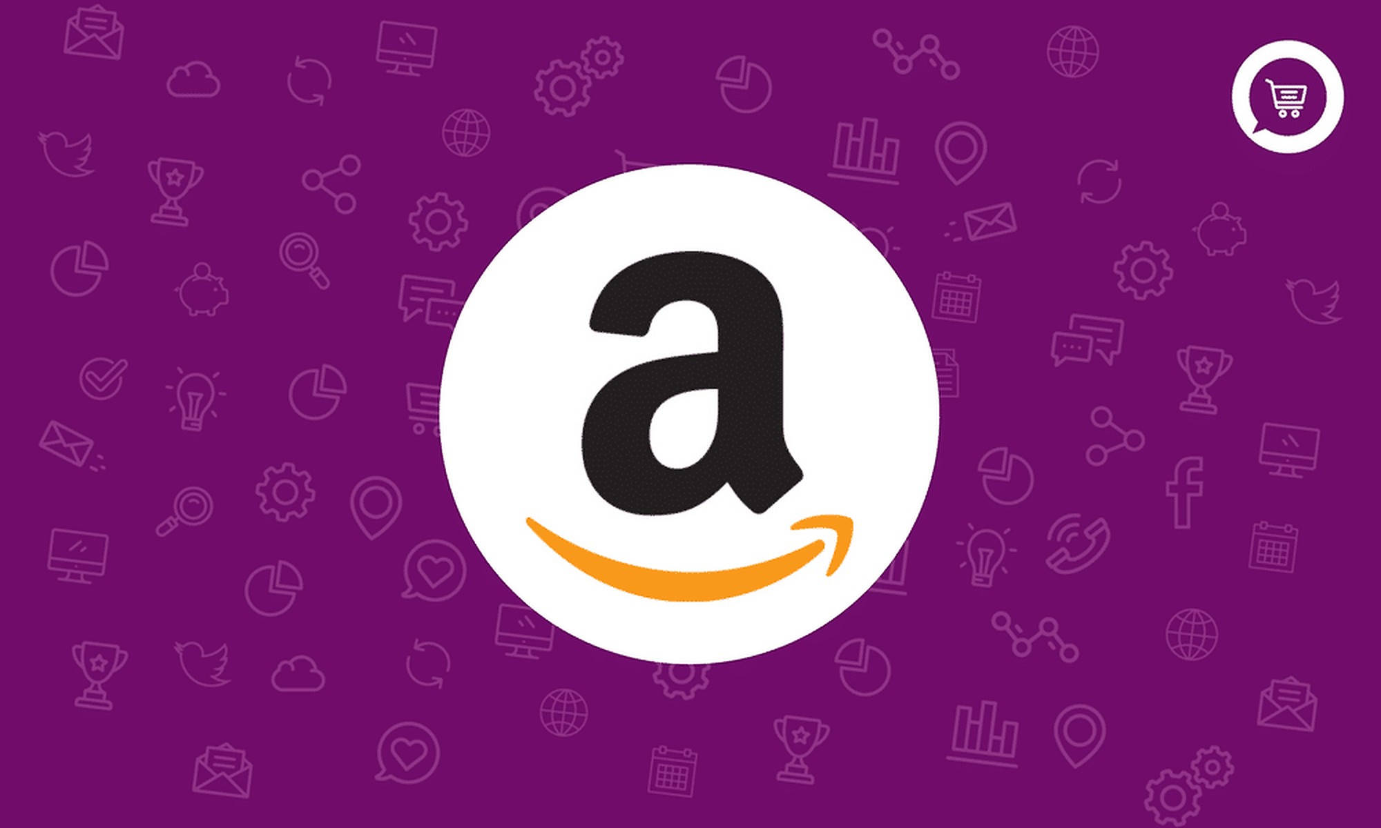 Amazon標誌與圖標 壁紙 — Amazon 標誌居中於紫色背景上，周圍有隱約的科技圖標。