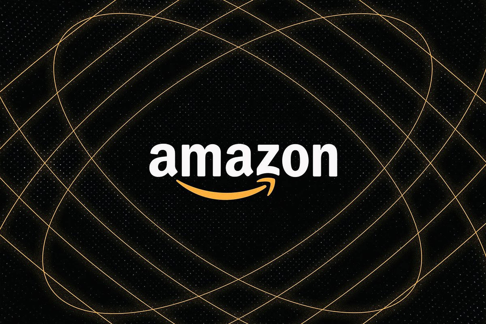 Amazon橢圓藝術 壁紙 — 亞馬遜標誌居中於黑色星空背景，帶有發光的金色軌道線。