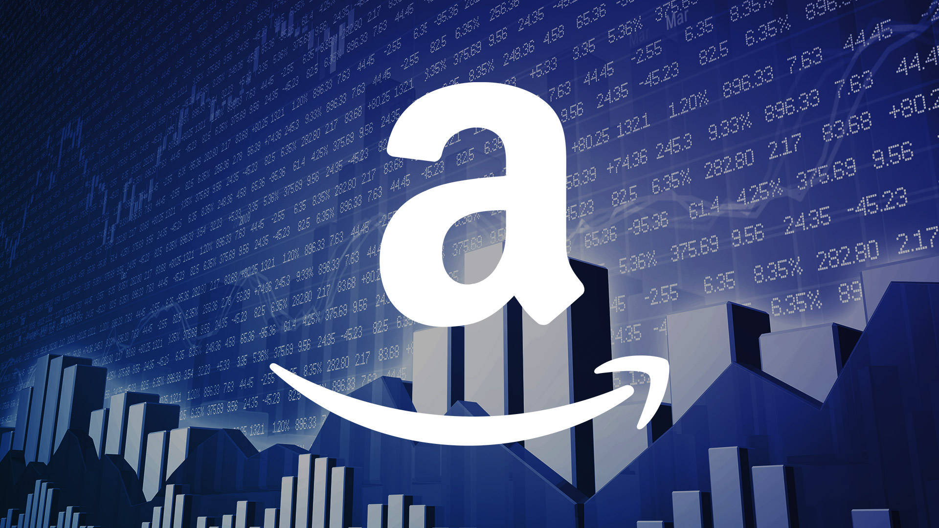 Amazon股票市場 壁紙 — 亞馬遜標誌漂浮在發光的藍色金融圖表和股票數據之上，呈現數碼商業場景。