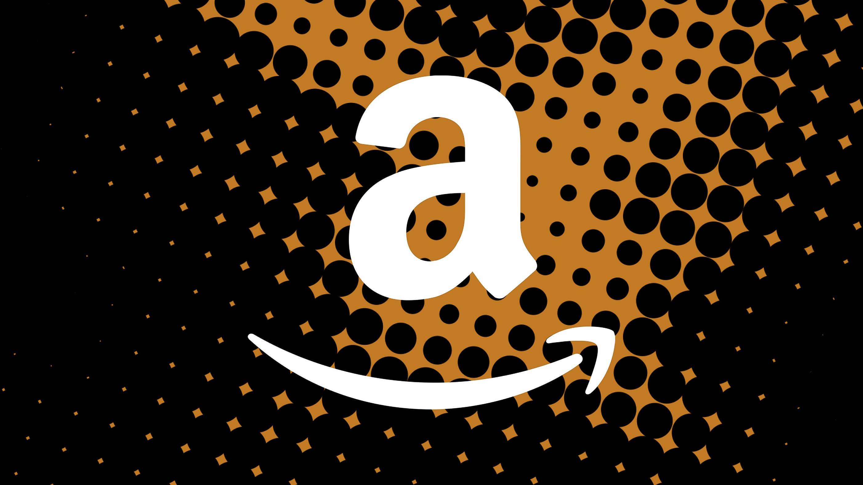 Amazon連接性的動態表現 壁紙 — 一個大膽的白色亞馬遜標誌在帶有橙色圓點和菱形圖案的黑色背景上微笑。