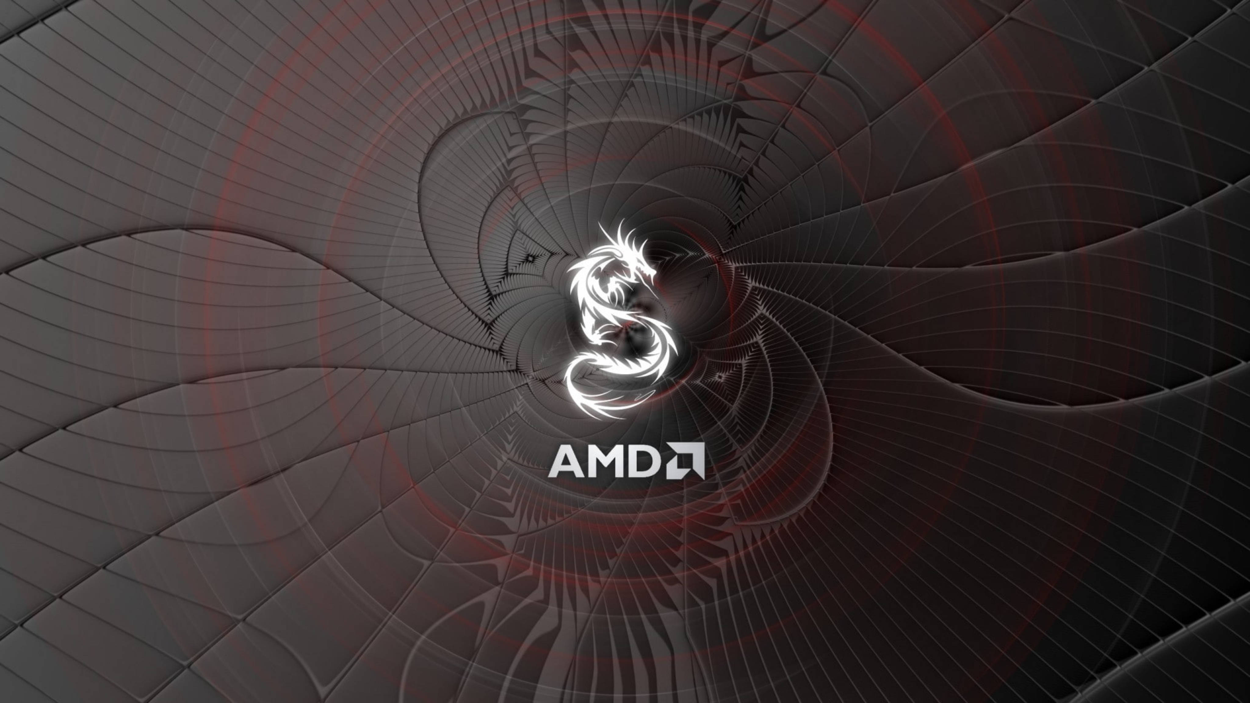 AMD龍圖形背景 壁紙 — 一個發光的白色龍標誌在黑暗的幾何隧道中盤旋，帶有紅色同心圓環和AMD品牌標識。