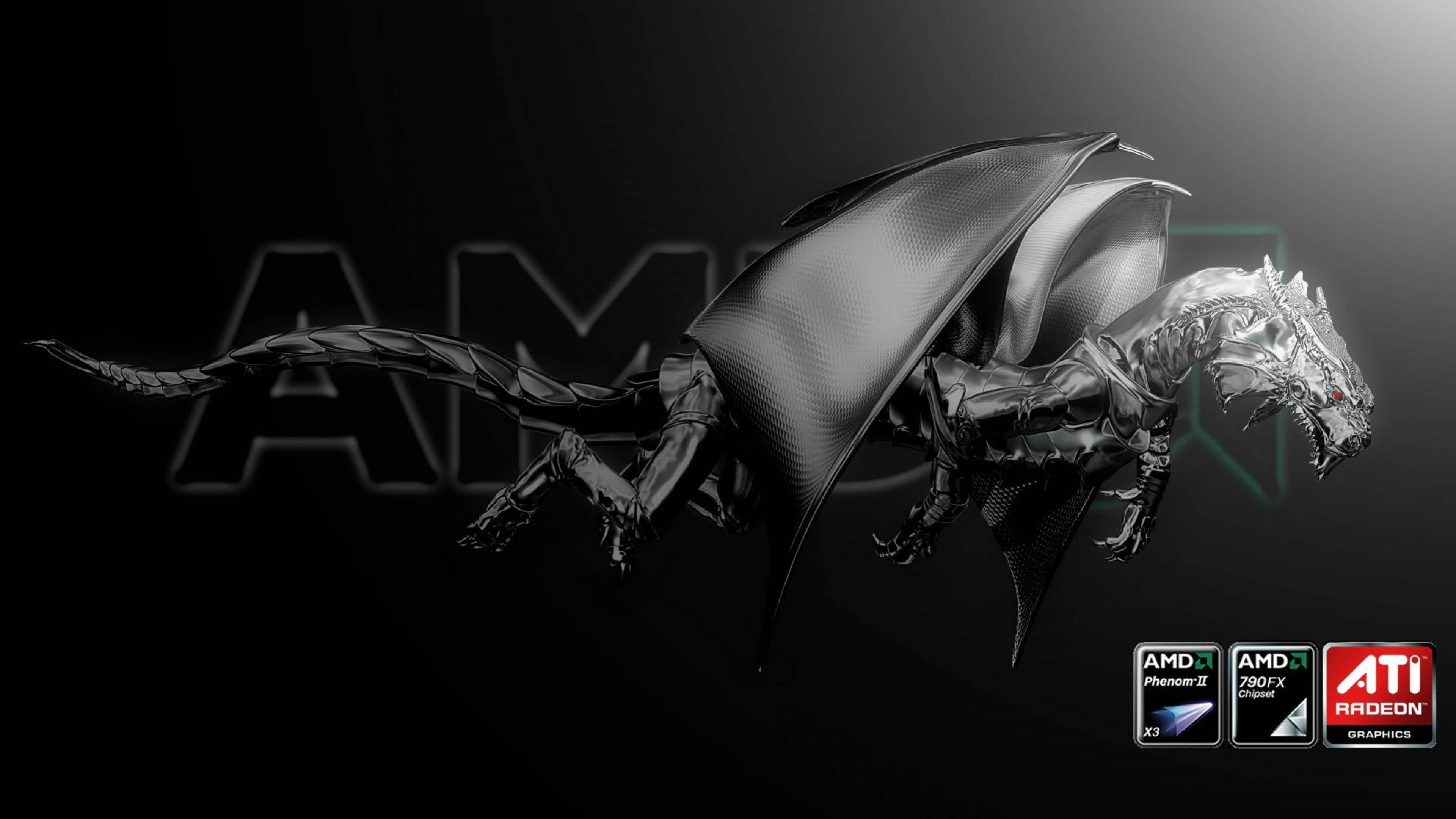 AMD 4K 龍 壁紙 — 一條光滑的金屬龍，帶有碳纖維翅膀，在帶有發光AMD標誌的深色漸變背景上滑翔。