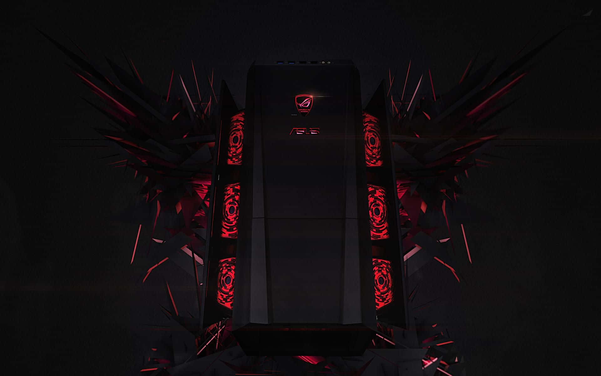 黑色遊戲PC，帶有紅色LED燈和翼狀設計元素。