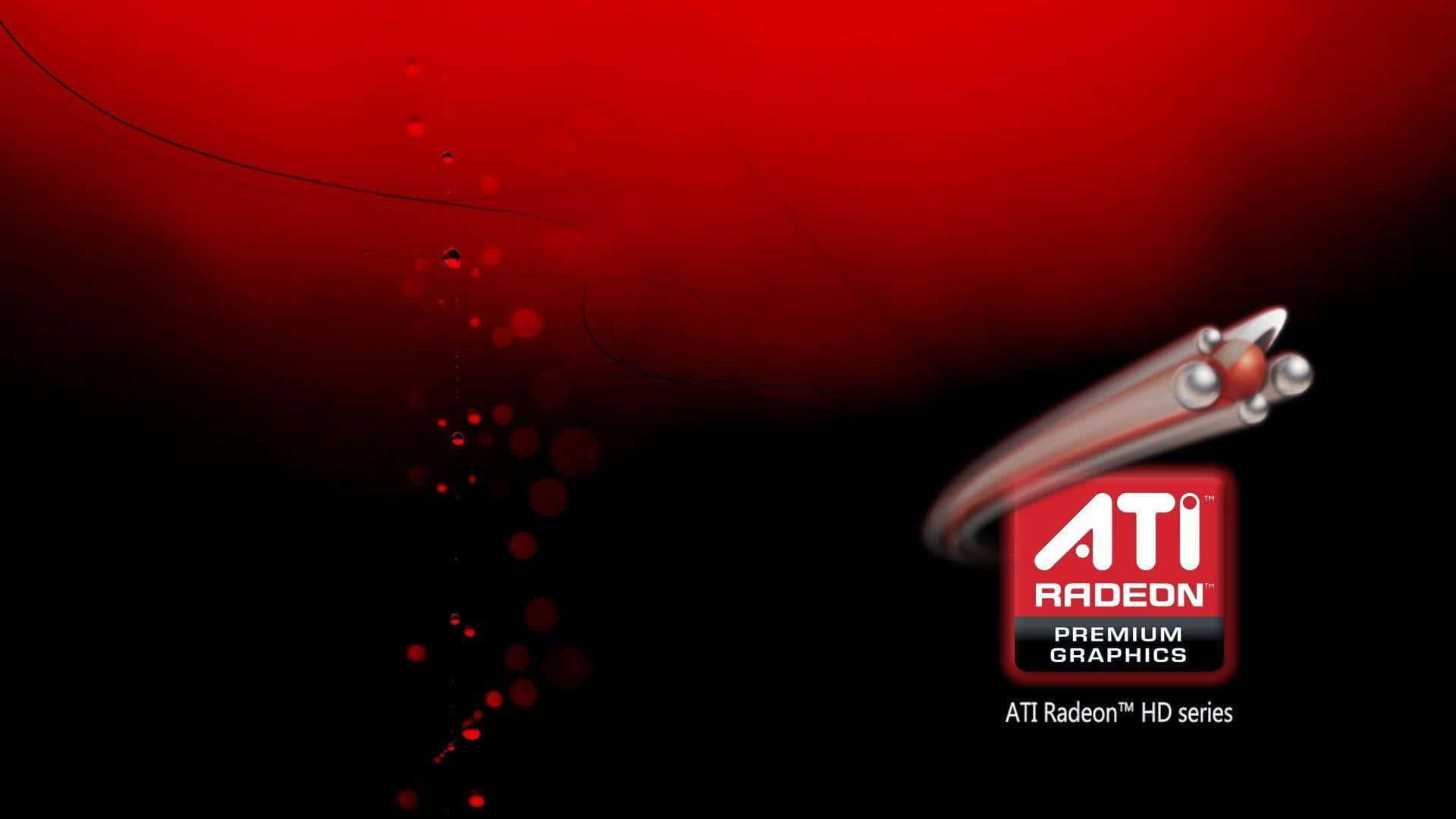 ATI Radeon HD 顯示卡標誌，在深色背景上有紅色粒子