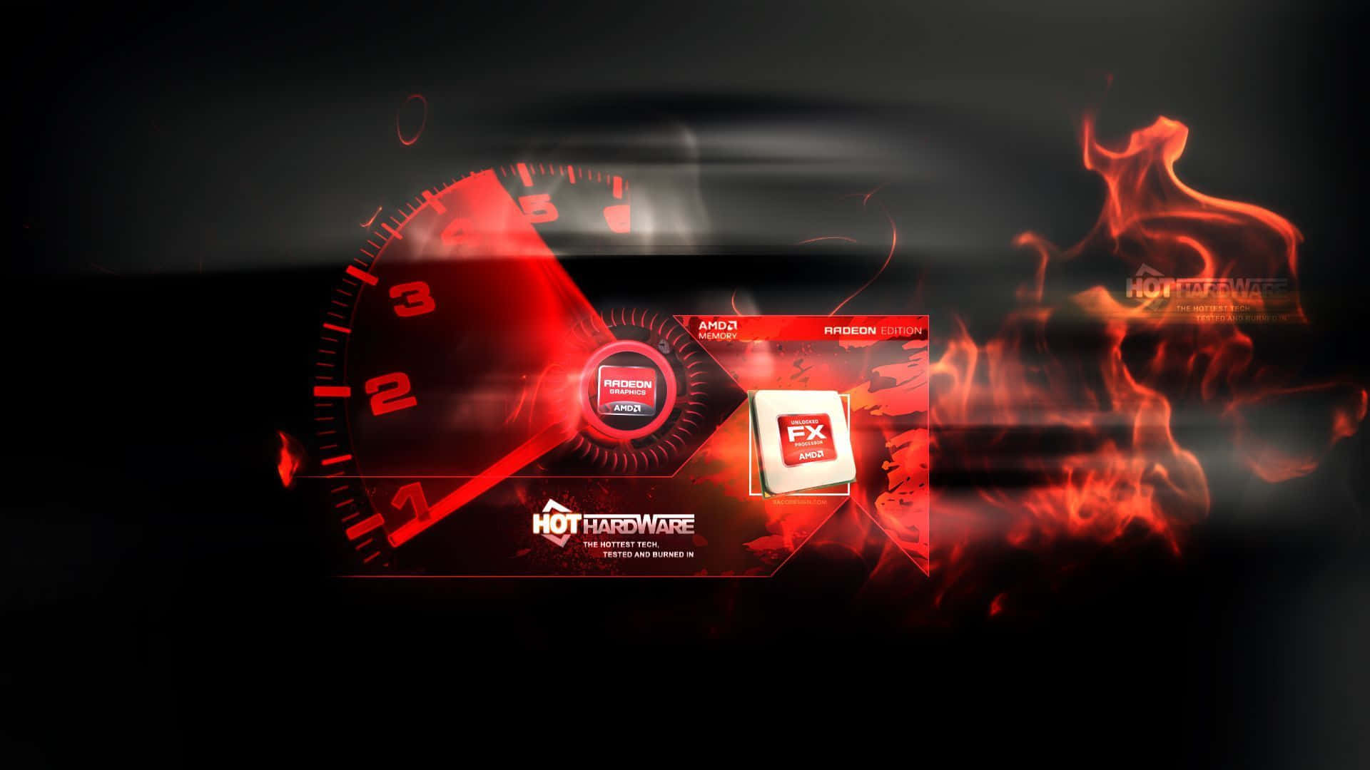 帶有火紅轉速表和 AMD Radeon 顯示卡的遊戲硬件。