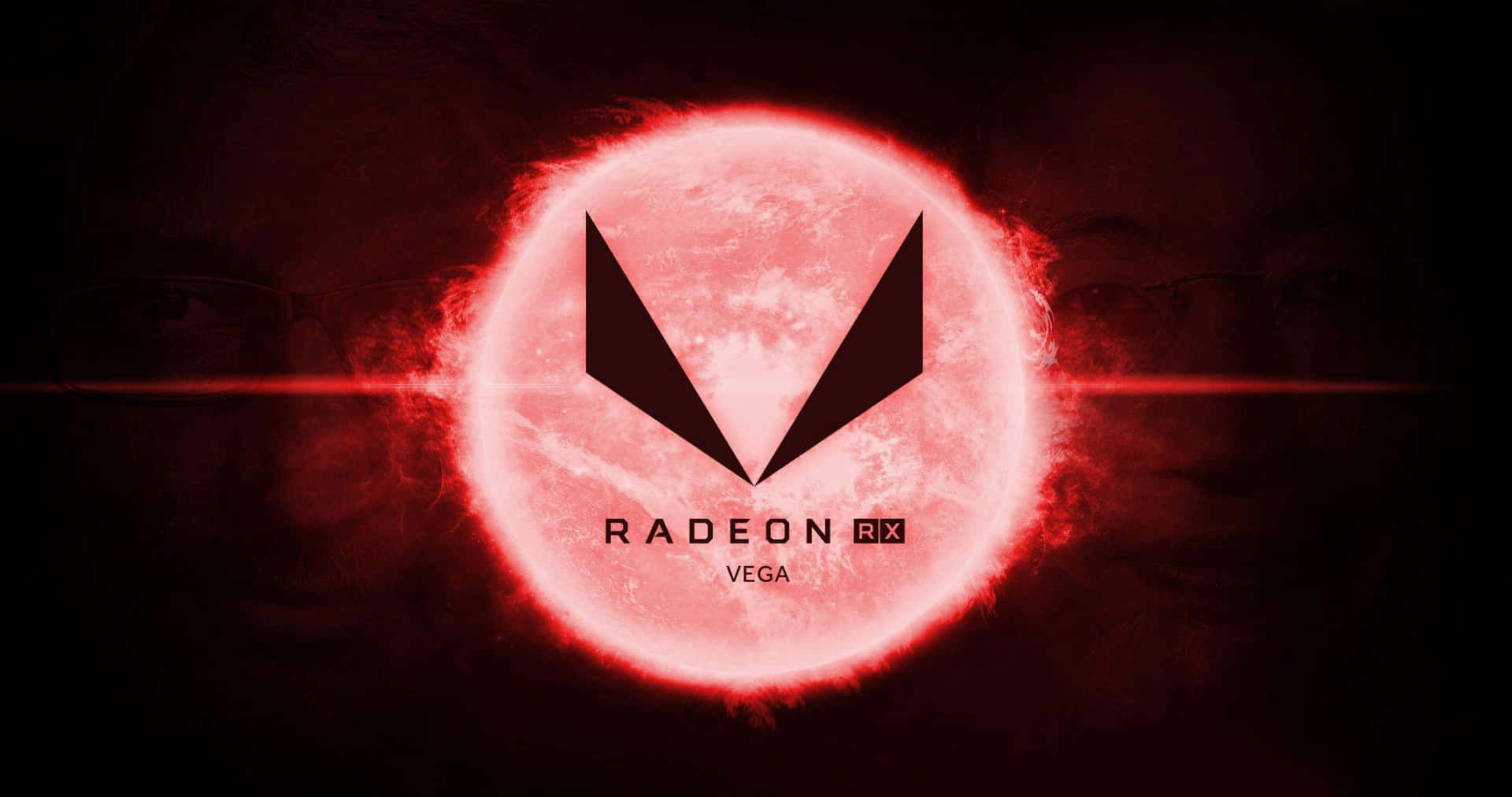 Radeon RX Vega 標誌在深色背景上發出紅光，帶有模糊的臉孔。