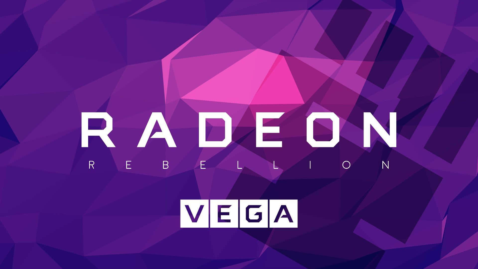 Radeon Rebellion Vega 標誌，在紫色幾何背景上有粗體白色文字。