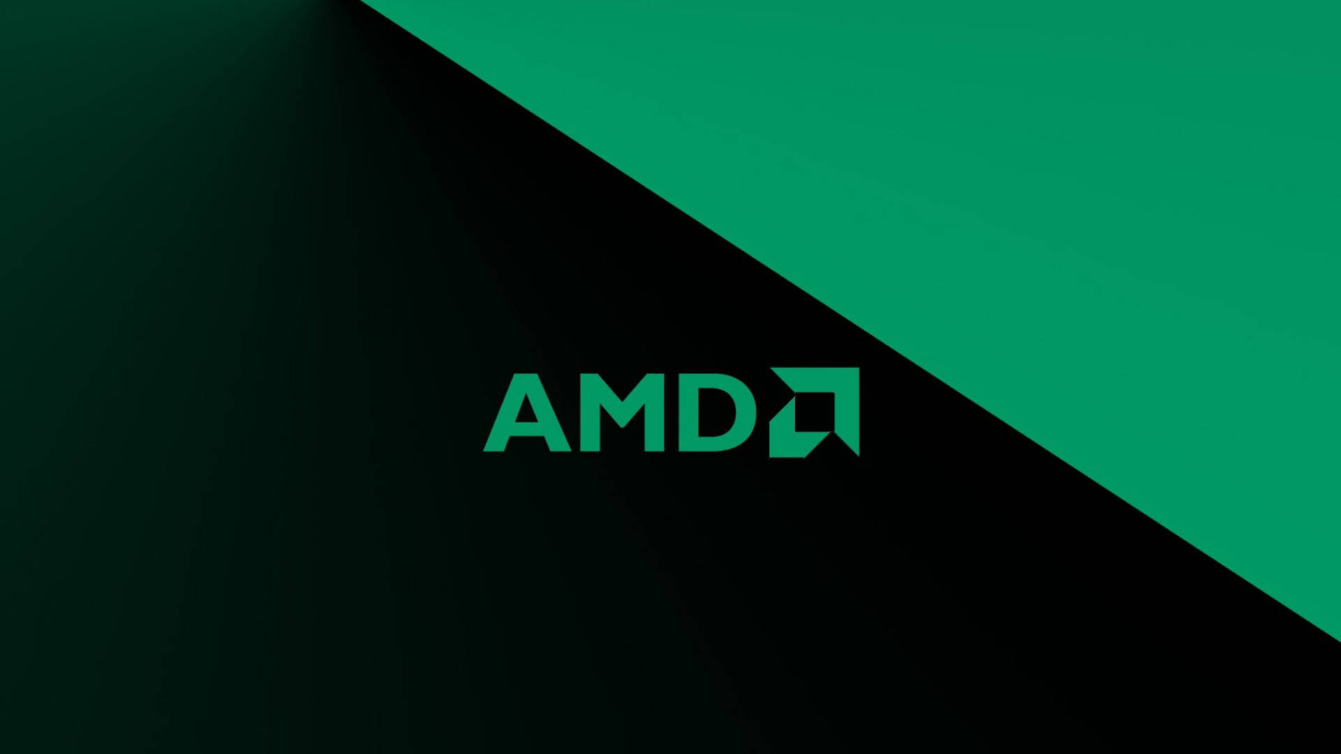 AMD 標誌以青綠色顯示在對角深綠色和黑色背景上。