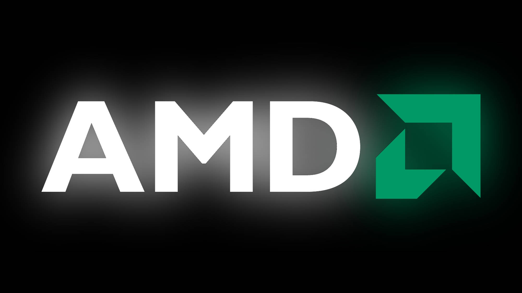 簡約發光AMD標誌 壁紙 — AMD 標誌以白色文字和綠色方形徽章在深色背景上發光，帶有柔和的光暈。