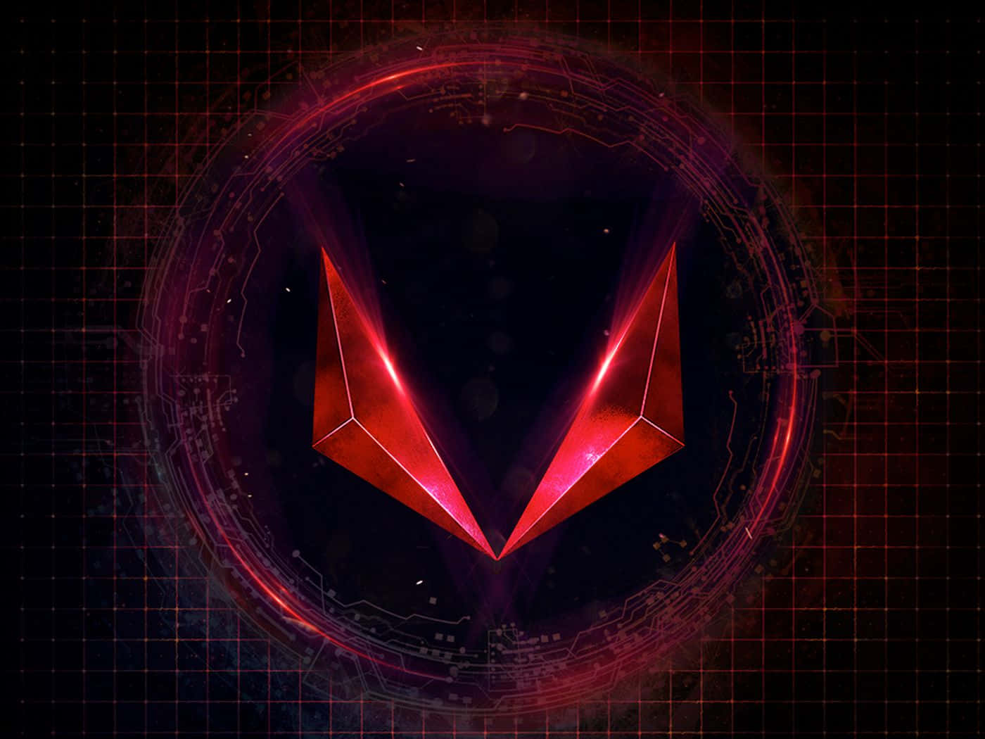 AMD Radeon Vega 標誌圖形背景 壁紙 — 一個發光的紅色幾何V形標誌在圓形電路框架內脈動，背景為深色網格。