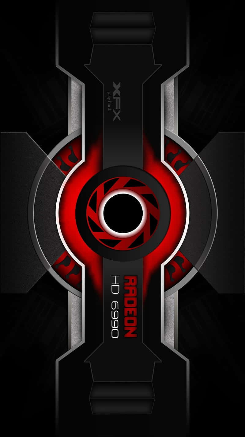 AMD Radeon 圖形背景設計 壁紙 — 一款時尚的黑色和紅色Radeon HD 6990顯示卡，帶有發光的紅色點綴和金屬銀色飾邊，背景為深色。