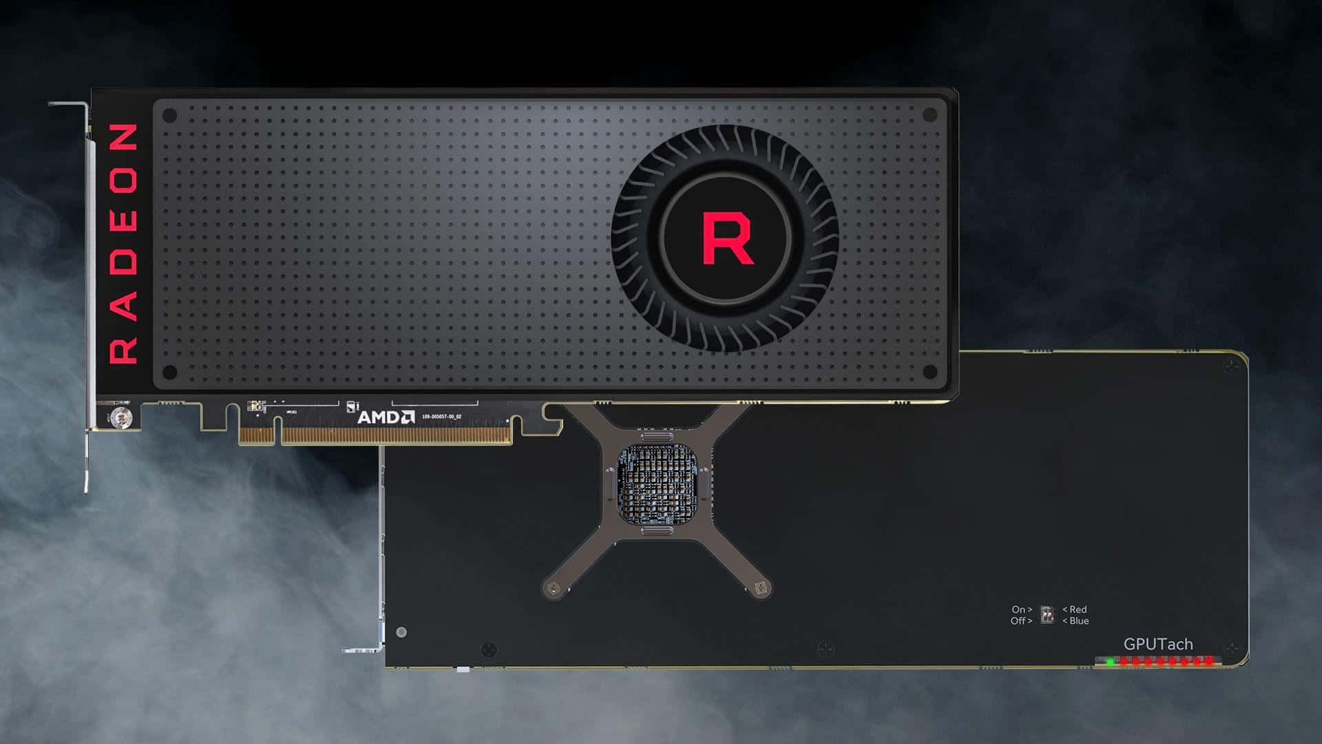 AMD Radeon 顯示卡，帶有紅色標誌和散熱風扇，背景為煙霧瀰漫的深色。