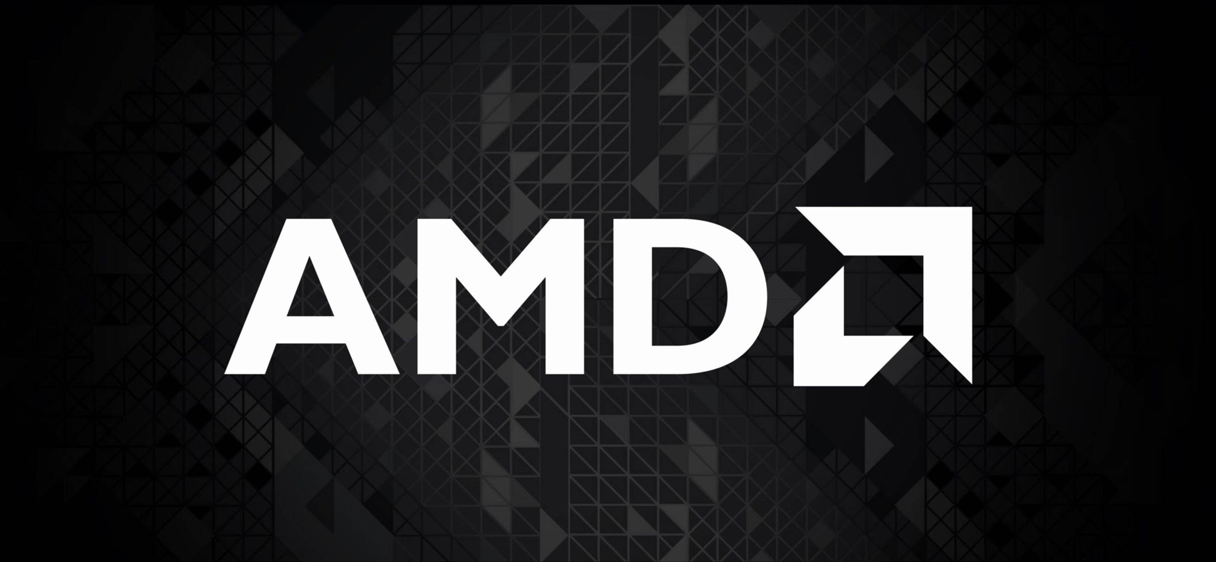 AMD標誌深色幾何設計 壁紙 — 大膽的白色AMD標誌置於深色幾何圖案背景中央。